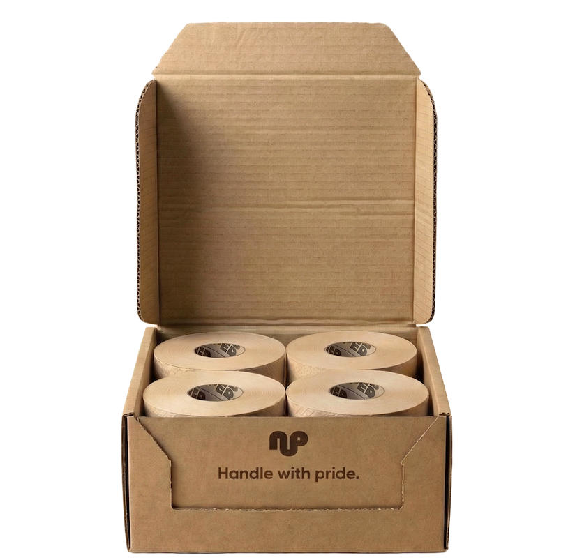Opened Naked Paper trial box, showing four Naked Paper toilet rolls inside. Wording on the box reads 'Handle with pride'.