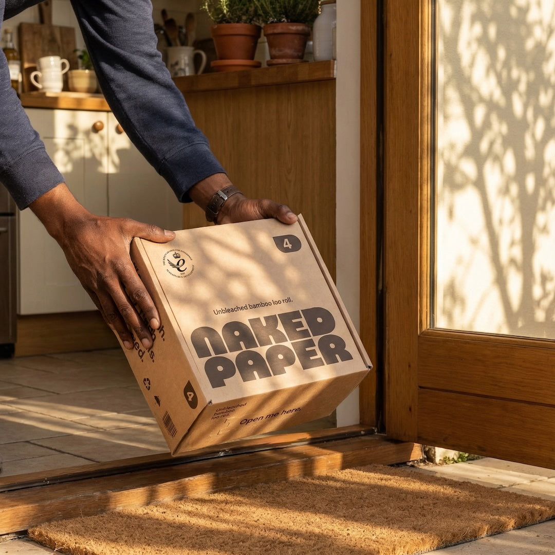 Person picking up a Trial Box of Naked Paper from their doorstep